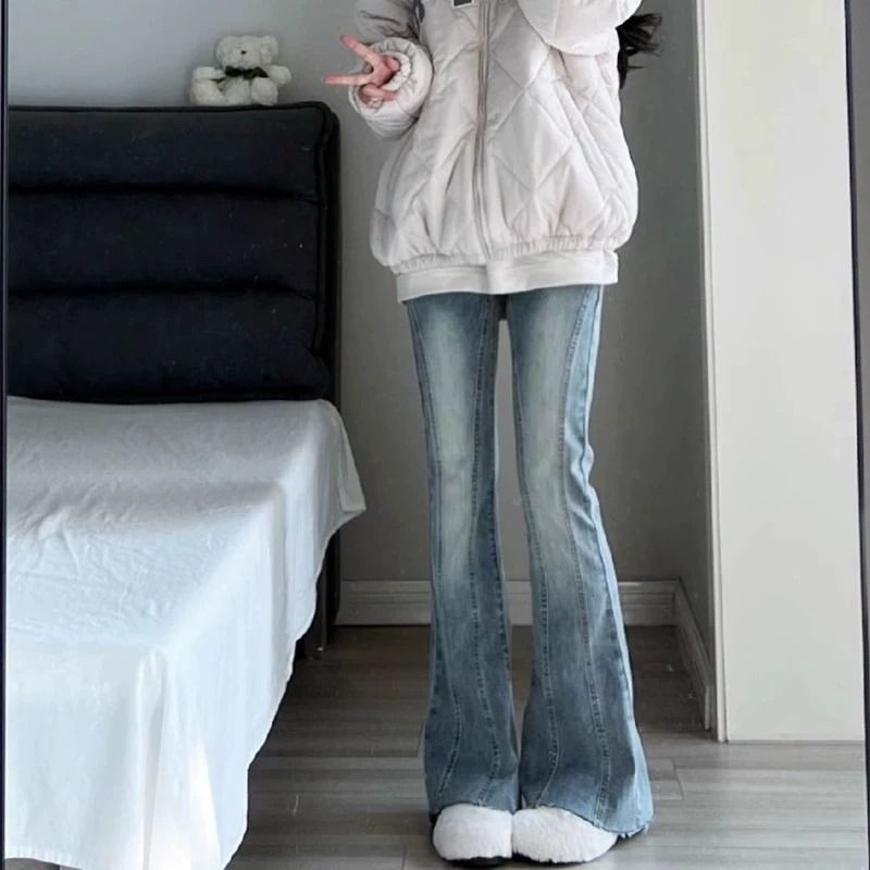 美式高街微喇叭牛仔褲女春秋設計感小眾小個子彈力顯瘦喇叭長褲子