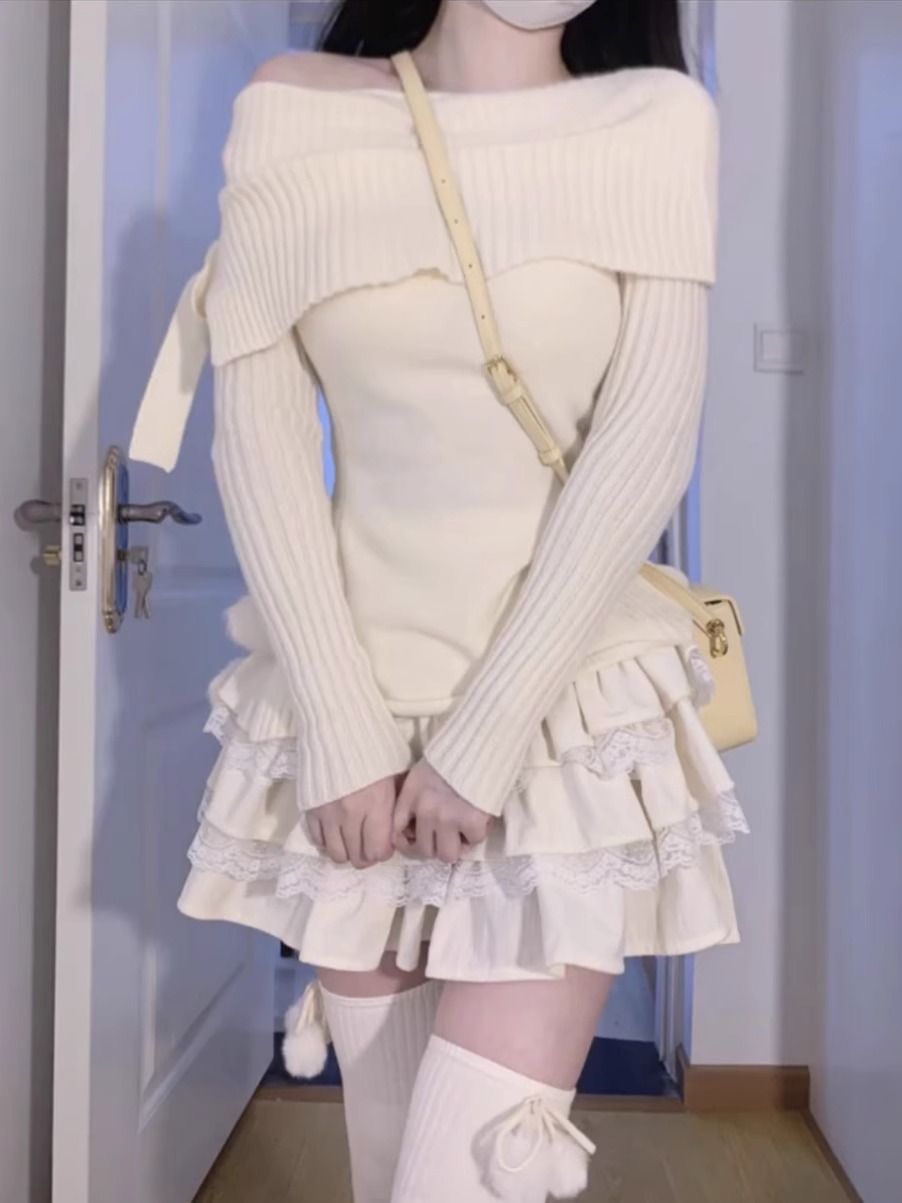 套裝女2023秋冬新款純欲學院風設計一字肩修身毛衣高腰蛋糕半身裙