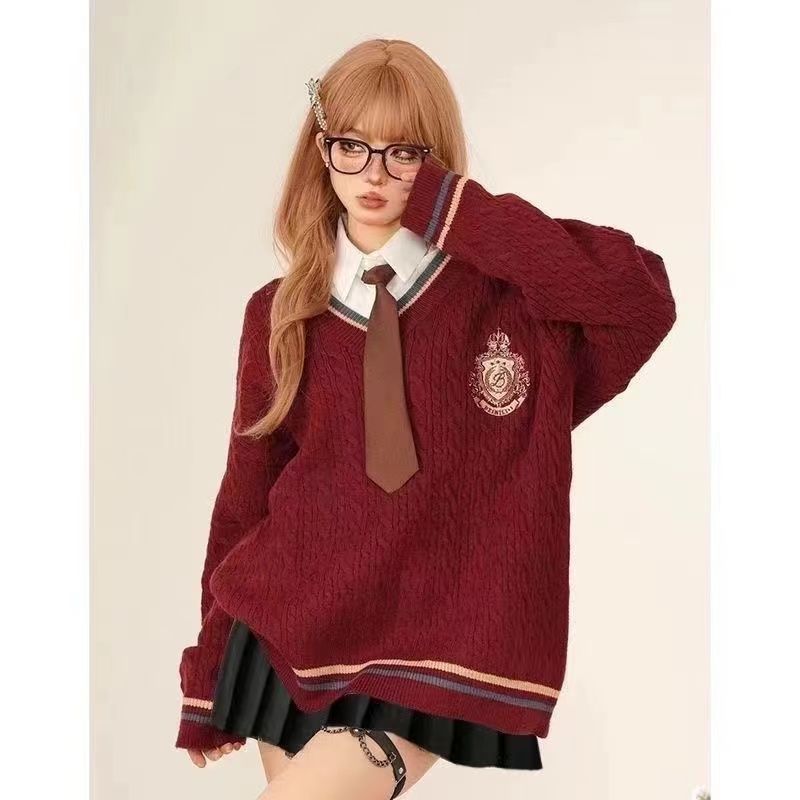 Gentle winter wear for women, new style, Christmas preppy style sweater + shirt + plaid pleated skirt three-piece set