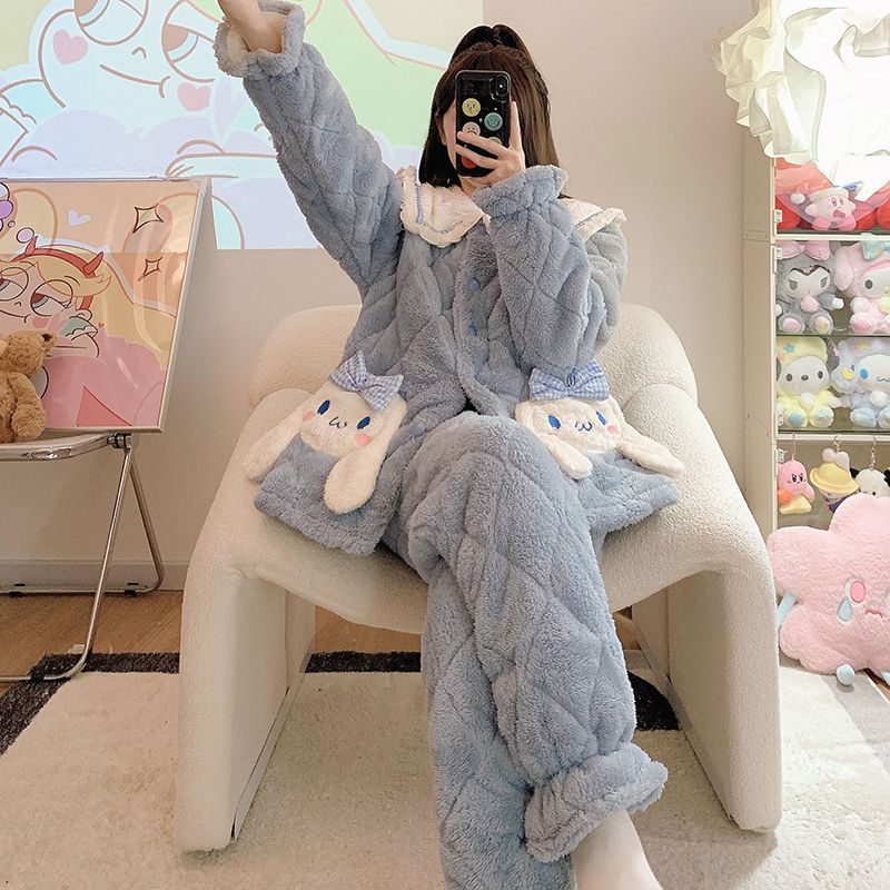 三層夾棉珊瑚絨睡衣女冬季加厚加絨韓版ins可愛玉桂狗家居服套裝