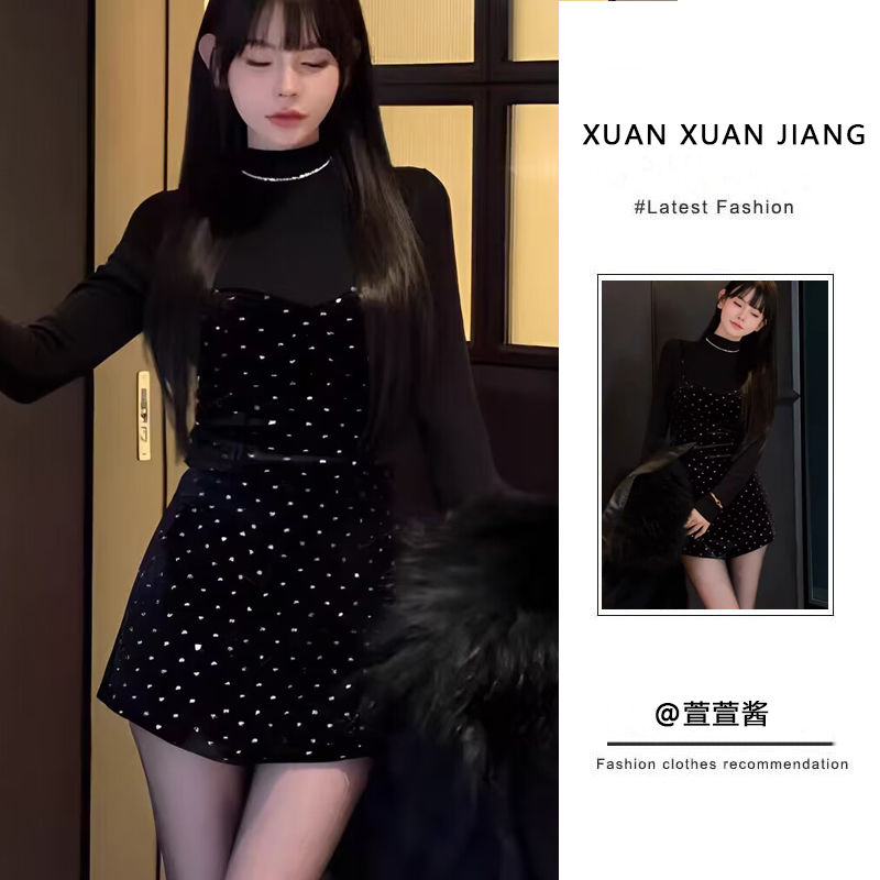 套裝女2024春季新款純欲風辣妹打底長袖上衣收腰顯瘦背帶連衣裙