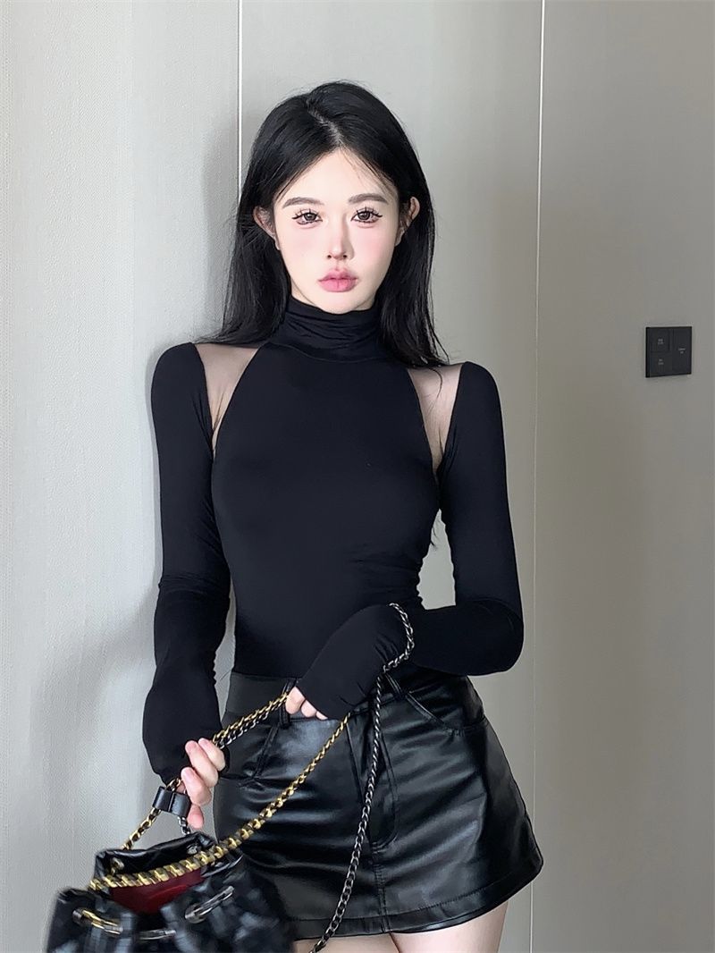 韩版透视网纱拼接高领长袖黑色打底衫t恤女冬季内搭显瘦修身上衣