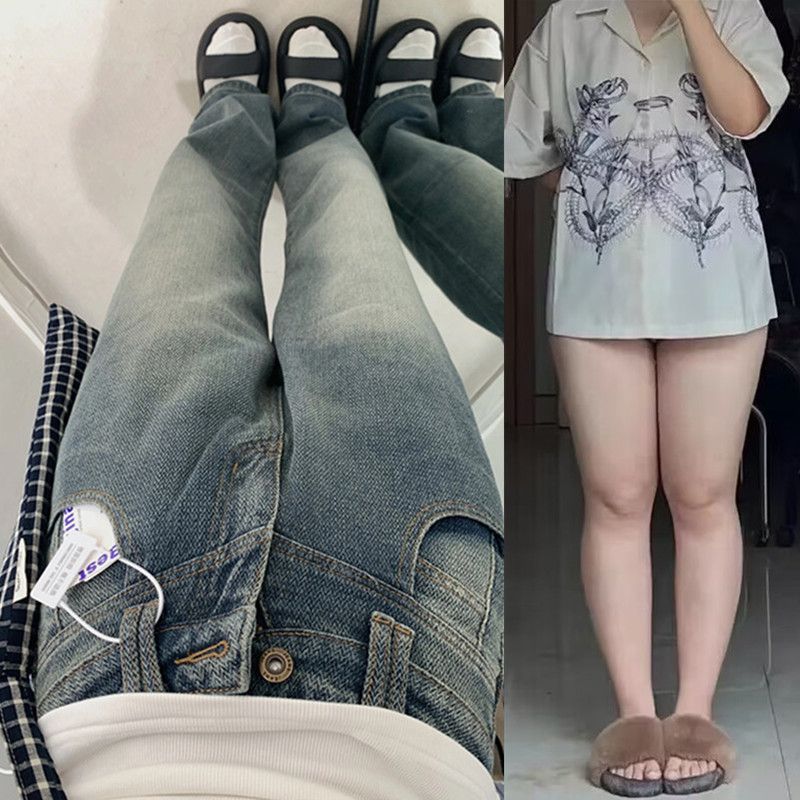 大碼胖mm星空紋直筒牛仔褲女春秋新款顯瘦高腰寬鬆闊腿窄版褲子潮