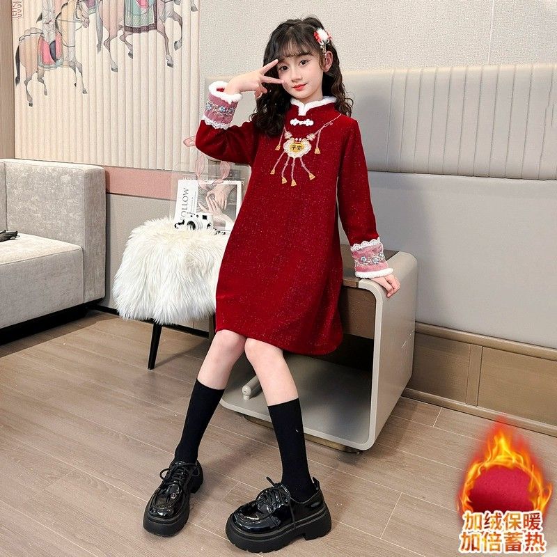 女童过年服秋冬2023新款小公主加绒红色连衣裙冬装女孩中国风旗袍