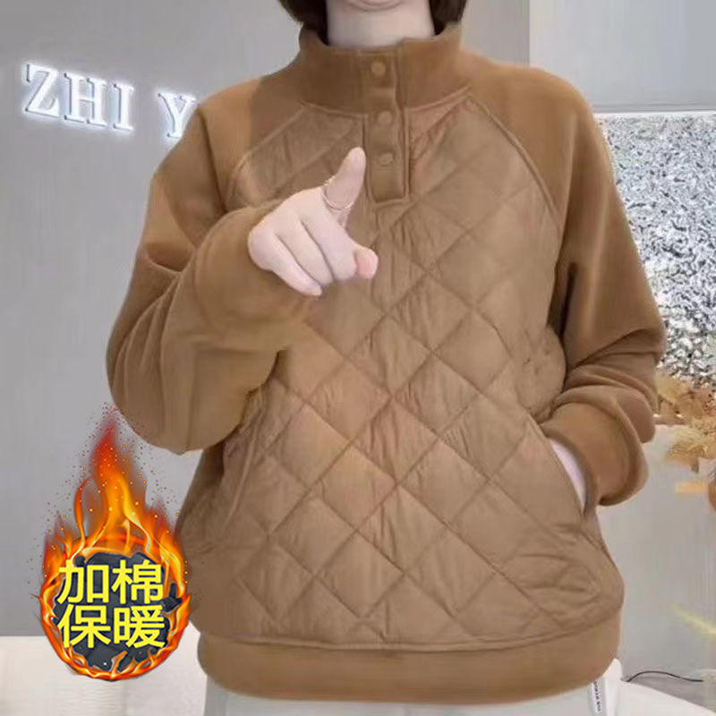 高檔半高領加絨加厚奧粒絨衛衣女菱形夾棉長袖百搭顯瘦雙面絨上衣