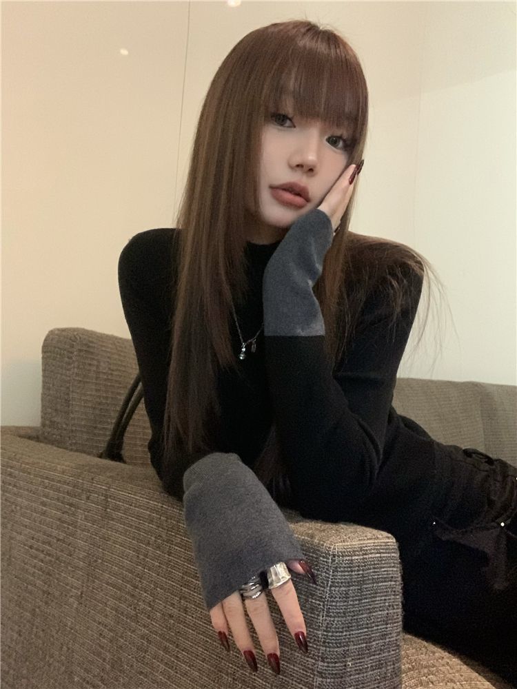 美式辣妹拼接撞色半高領長袖T恤女冬季新款內搭修身打底衫上衣ins