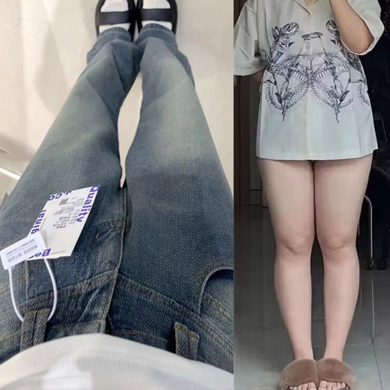 大碼胖mm直筒牛仔褲女春秋新款寬鬆高腰胖mm顯瘦梨形身材闊腿褲子