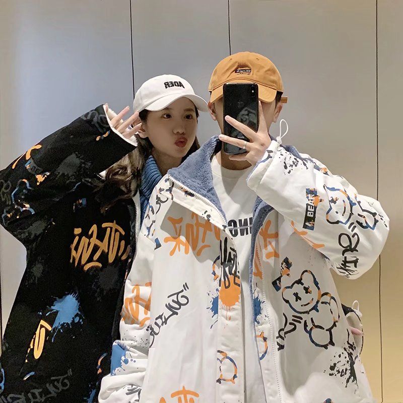兩面穿羊羔毛棉衣外套女2024年情侶秋冬季韓版加厚寬鬆棉服上衣潮