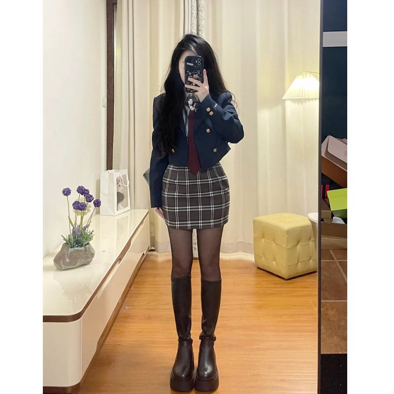 韓系制服學院風套裝女2023秋冬新款西裝外套襯衫高腰格紋半身裙潮