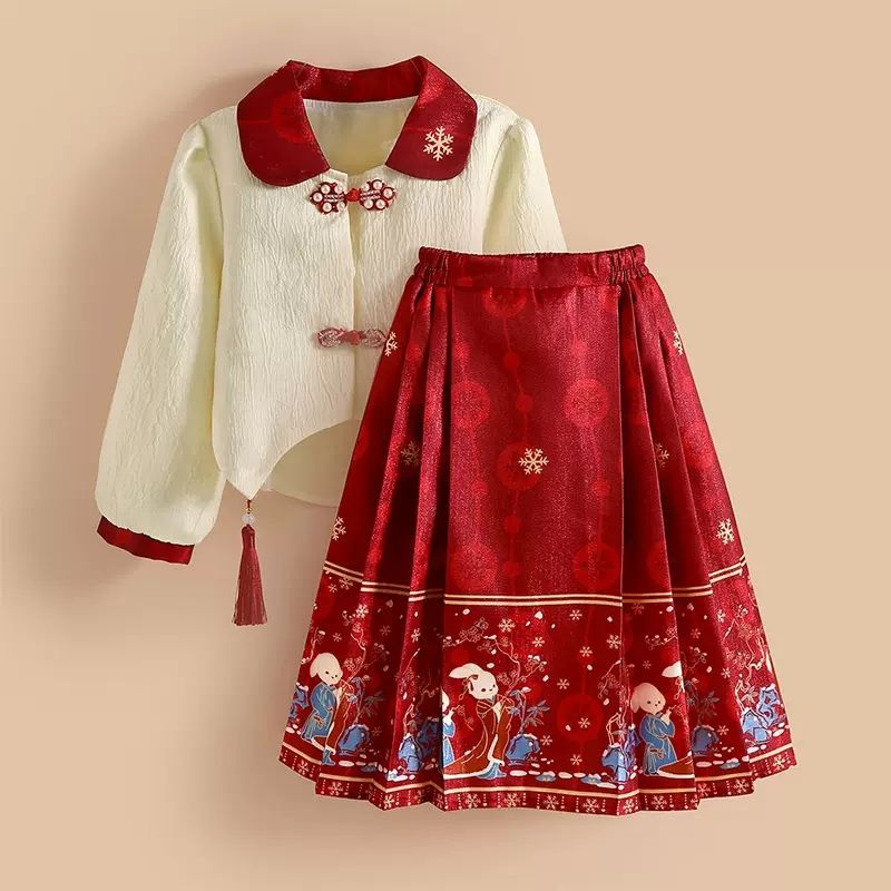 Girls' Chinese style skirt suit spring and autumn new medium and large children's Hanfu skirt children's retro Tang suit horse face skirt suit