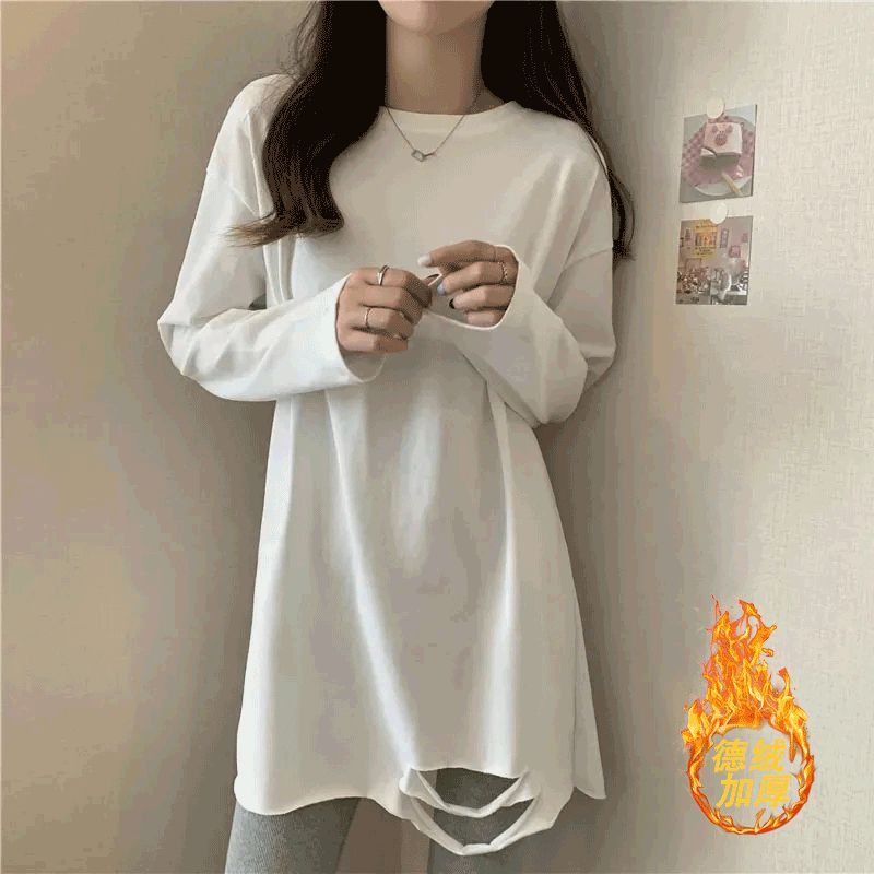 德絨白色加厚保暖打底衫女內搭圓領慵懶風寬鬆秋冬季長袖破洞上衣