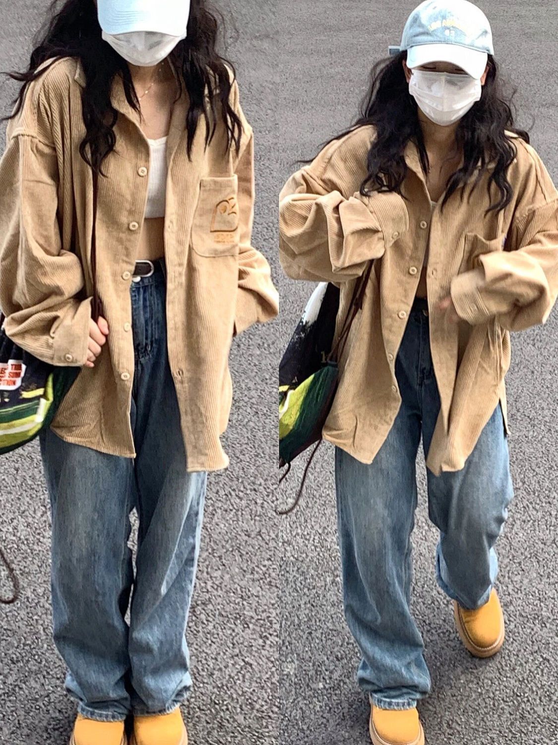2024春秋款刺繡卡其色燈芯絨襯衫女氣質復古寬鬆休閒長袖襯衣外穿