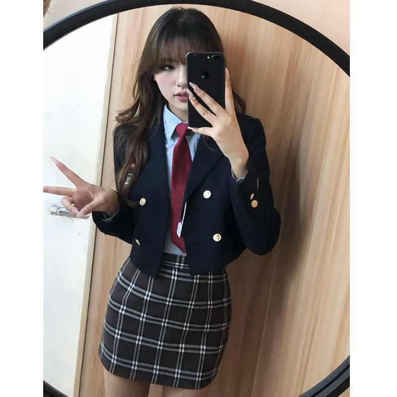 韓系學院風制服套裝女2023秋冬新款西裝外套襯衫高腰格紋半身裙潮