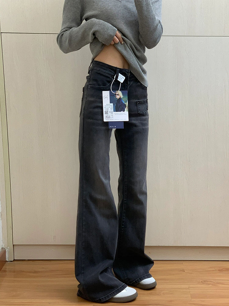 復古黑灰微喇牛仔褲女冬季新款低腰彈力修身顯瘦百搭直筒喇叭褲子