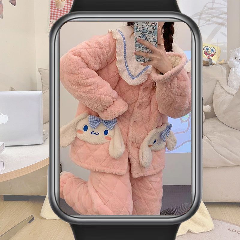 Big-eared dog thickened pajamas women's winter three-layer coral velvet quilted thickened home wear flannel suit