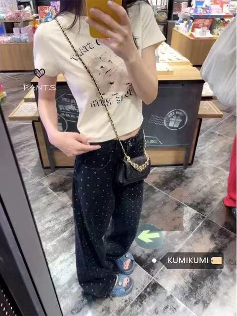 復古高腰印花直筒牛仔褲女秋冬新款寬鬆顯瘦闊腿褲垂感拖地長褲子