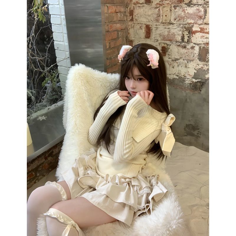 套裝女2023秋冬新款純欲甜美學院風一字肩修身毛衣高腰蛋糕半身裙