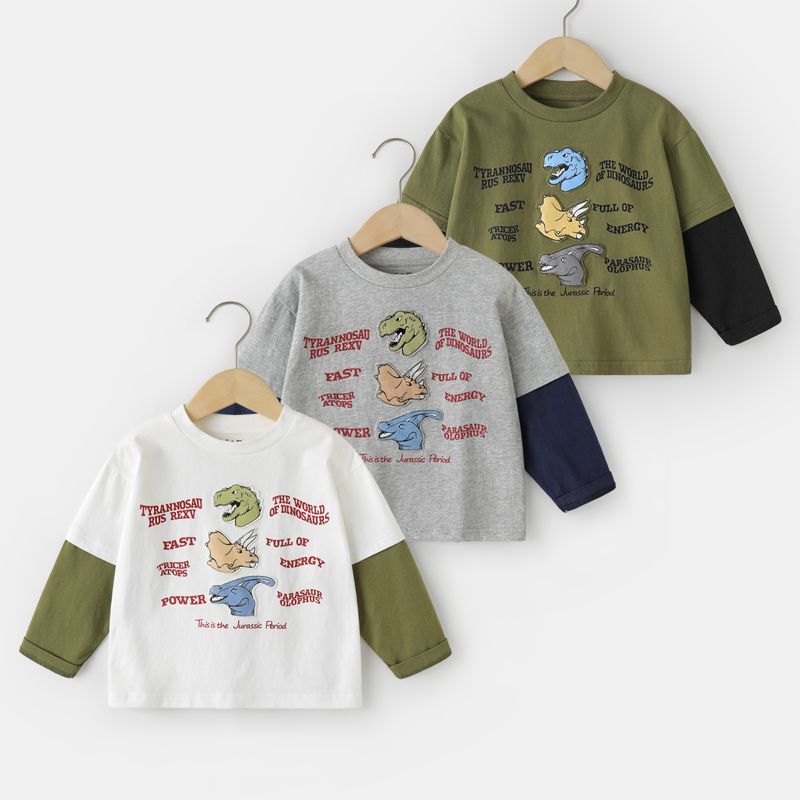 Right European boy's long-sleeved T-shirt spring clothing spring and autumn children's clothing children's baby bottoming shirt dinosaur top autumn clothing trendy
