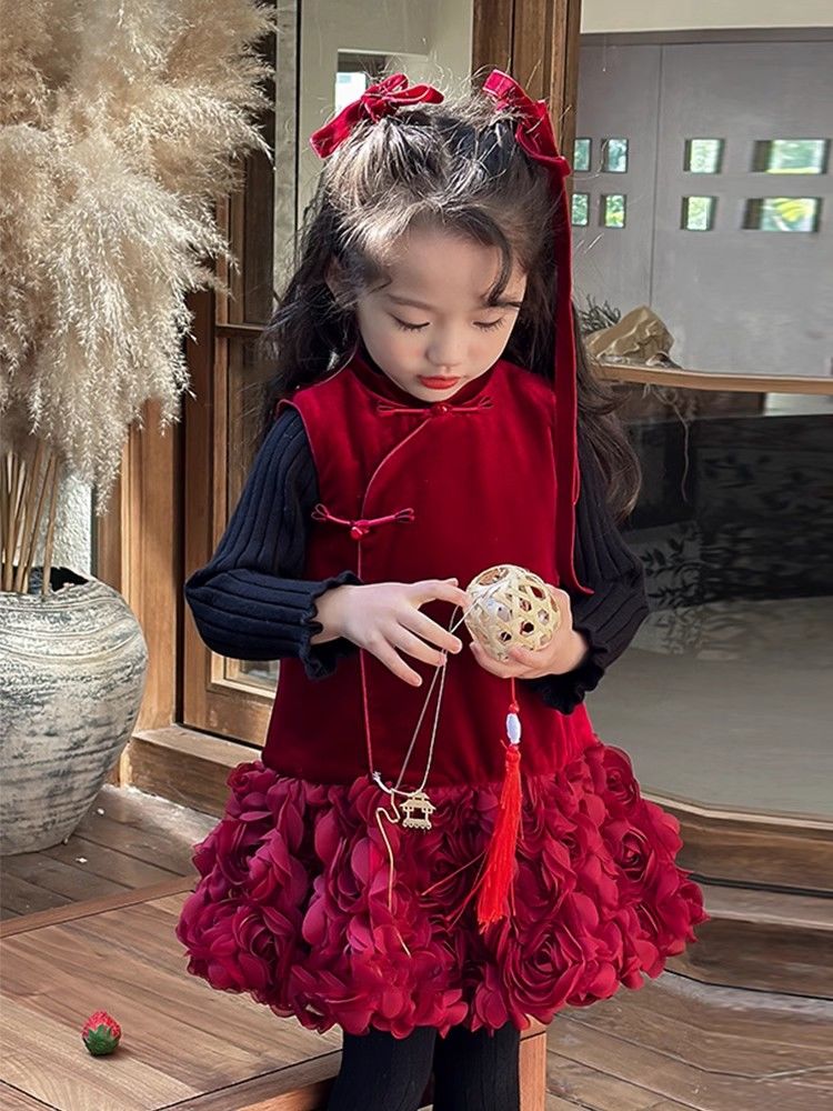 女童冬款背心國風紅色加絨旗袍兒童裙子寶寶連衣裙新年公主衣服
