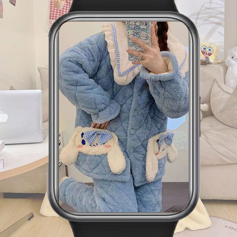 Big-eared dog thickened pajamas women's winter three-layer coral velvet quilted thickened home wear flannel suit