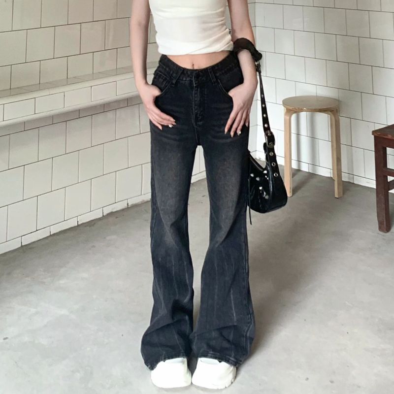 復古黑灰色微喇叭牛仔褲女小個子高腰寬鬆顯瘦垂感闊腿拖地長褲潮