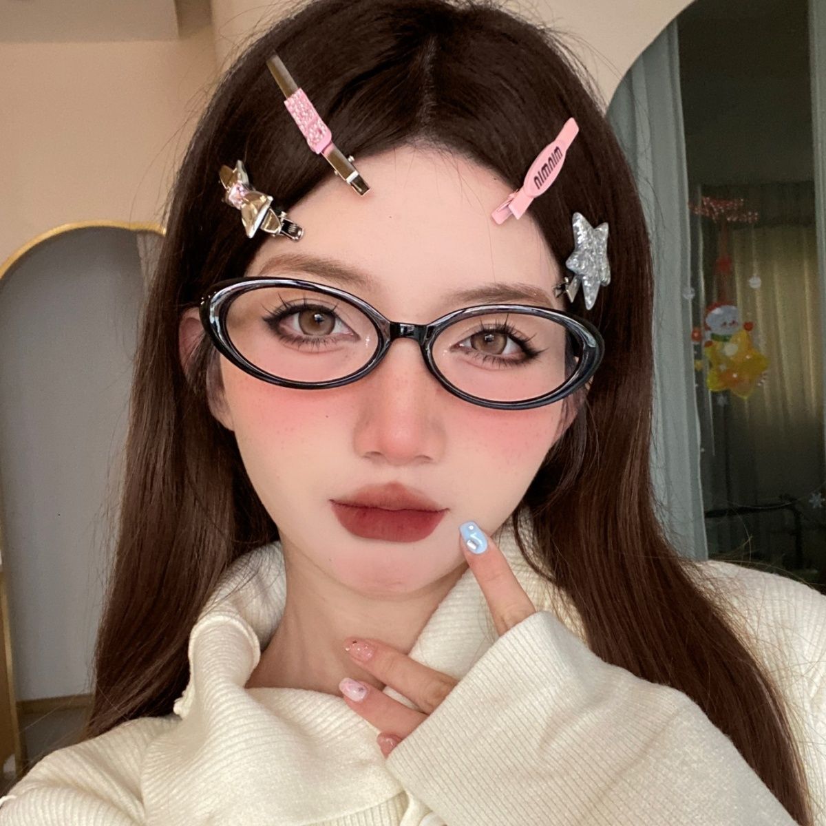 Black-framed glasses for women with small frames, ultra-high myopia, optional prescription, Japanese oval cat-eye, cat-shaped, no makeup, ultra-light, small face