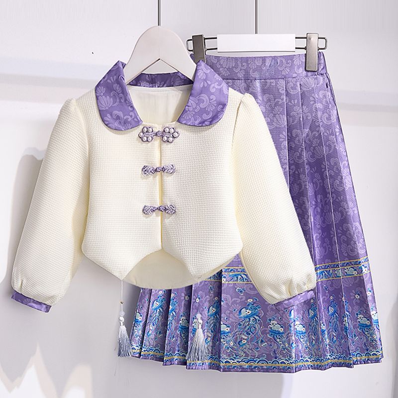 Girls Hanfu Horse Face Skirt Two-piece Set Spring and Autumn New Style Western Fashion Girls Chinese Style Retro Suit Skirt Autumn Clothes