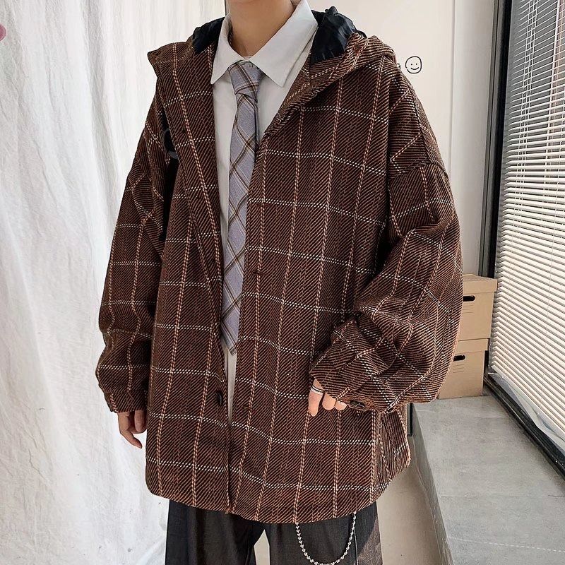 外套男冬季加厚格子韓版寬鬆2024潮流學生港風新款復古衛衣夾克