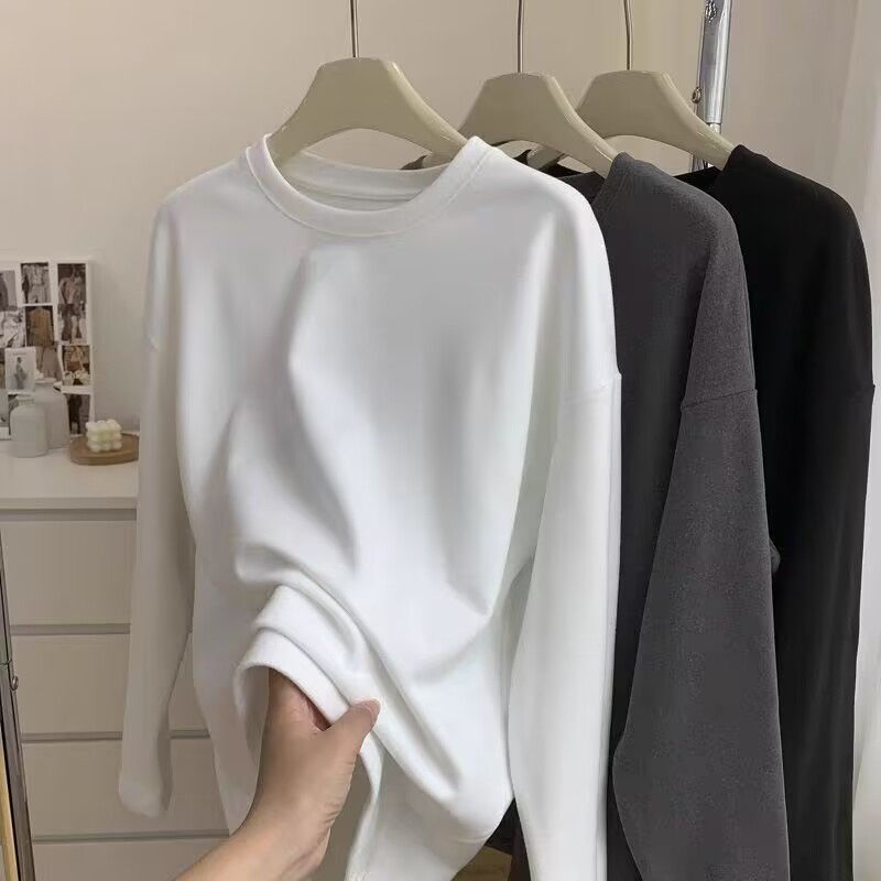 加厚雙面德絨圓領白色打底衫女加絨秋冬磨毛內搭純色寬鬆長袖T恤