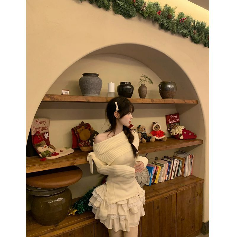 套裝女2023秋冬新款純欲風一字肩修身蝴蝶結毛衣高腰蛋糕半身裙潮