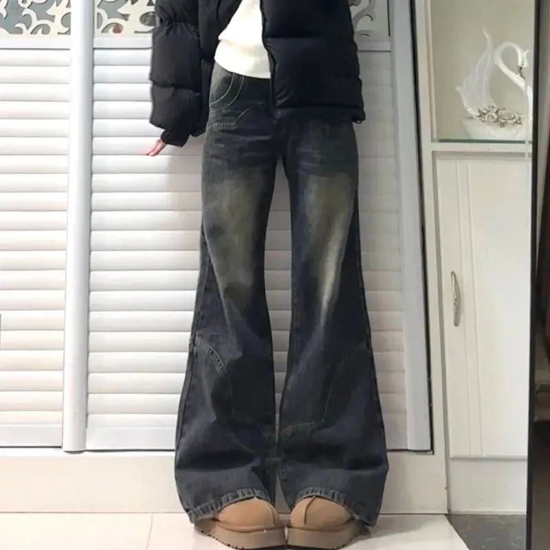 American retro non-leg-fitting micro-flare jeans for tall women, high-waisted, straight-leg slimming, wide-leg floor-length trousers, trendy