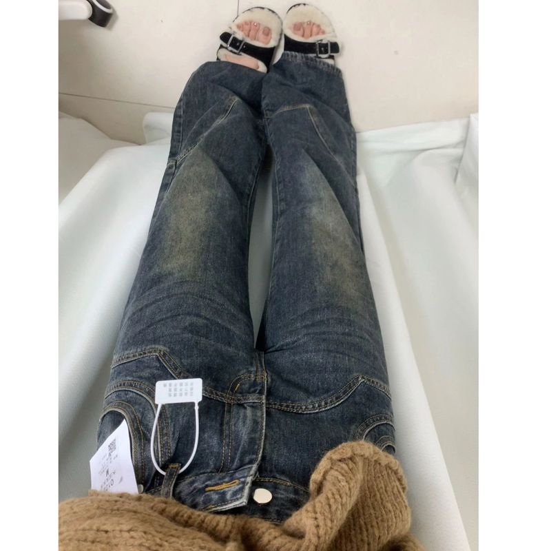 美式復古牛仔褲女春季小個子高腰顯瘦寬鬆直筒拖地闊腿褲子長褲潮