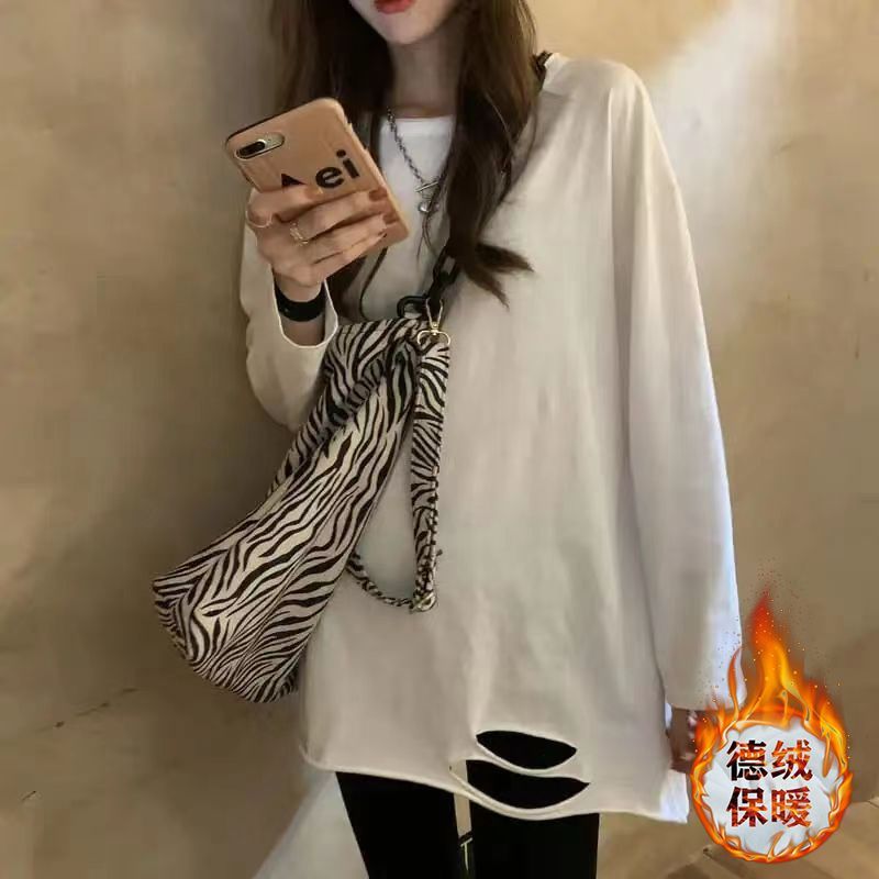 雙面德絨白色破洞t恤女中長款寬鬆加絨秋冬長袖上衣磨毛內搭打底