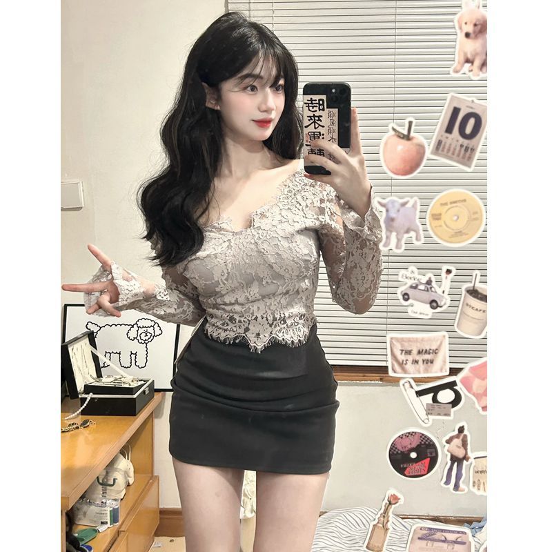套裝女2023秋冬新款純欲辣妹修身短款蕾絲打底衫上衣高腰半身裙潮