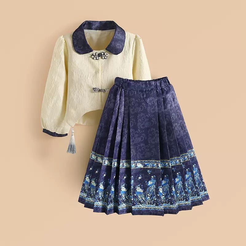 Girls' Chinese style skirt suit spring and autumn new medium and large children's Hanfu skirt children's retro Tang suit horse face skirt suit