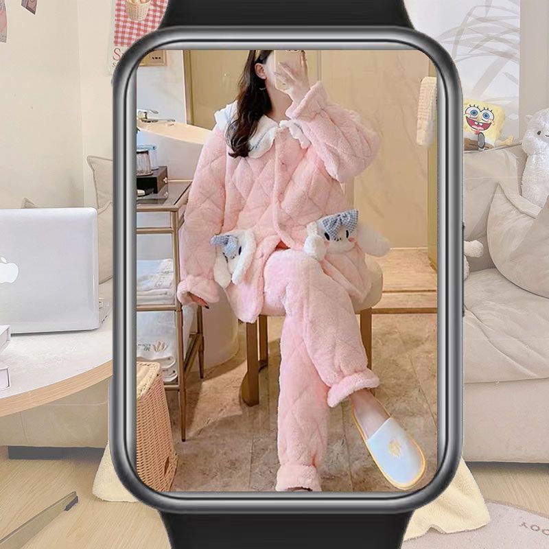 Big-eared dog thickened pajamas women's winter three-layer coral velvet quilted thickened home wear flannel suit