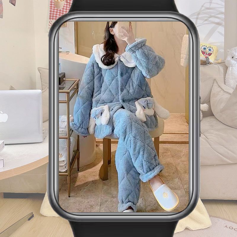 Big-eared dog thickened pajamas women's winter three-layer coral velvet quilted thickened home wear flannel suit