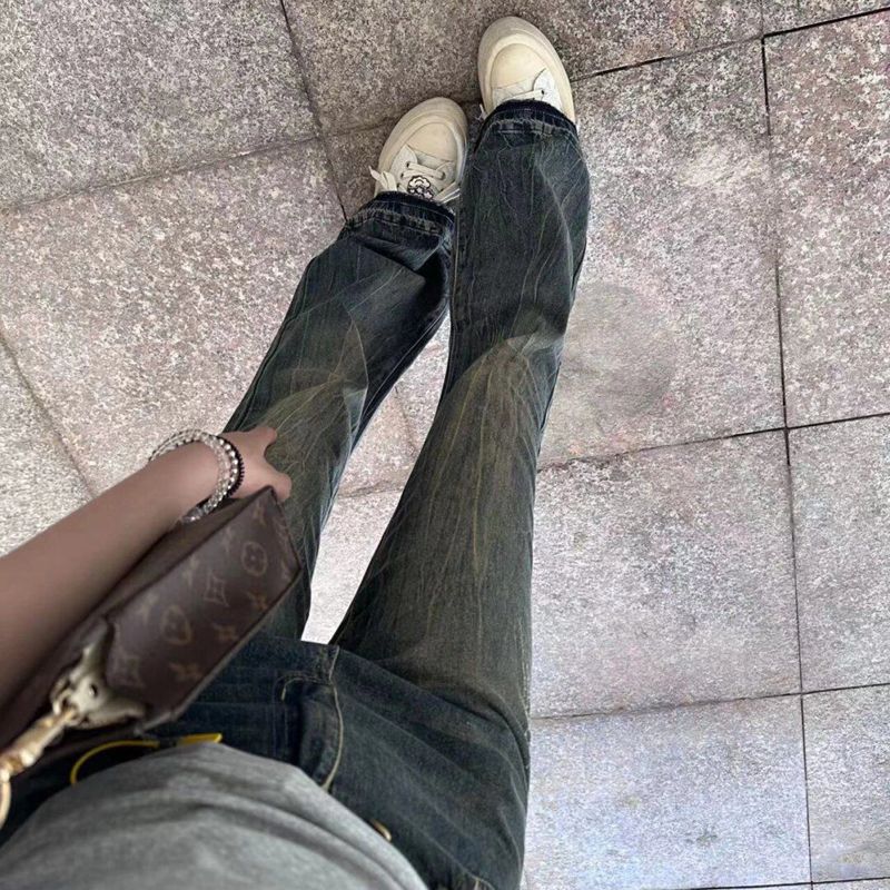 復古做舊毛邊微喇叭牛仔褲女小個子高腰寬鬆顯瘦垂感闊腿拖地長褲