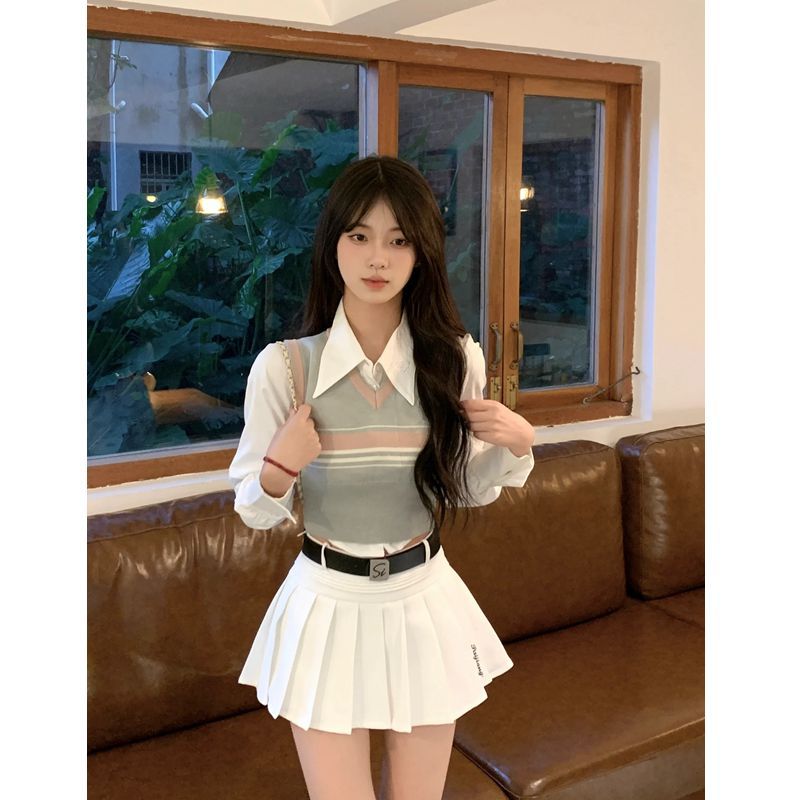 套裝女2024新款學院風V領短款條紋針織毛衣馬甲襯衫百褶半身裙潮