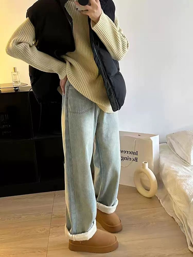 加絨加厚淺色牛仔褲女冬季褲子大碼胖mm高腰窄版直筒秋冬款闊腿