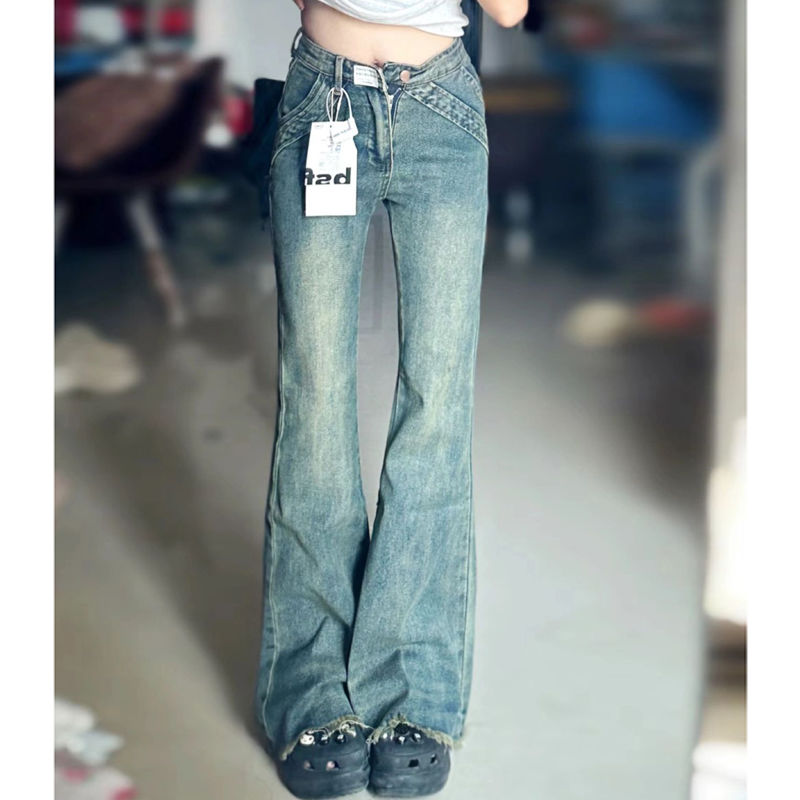 復古做舊馬蹄牛仔褲女小個子高腰毛邊微喇叭褲子修身直筒拖地長褲