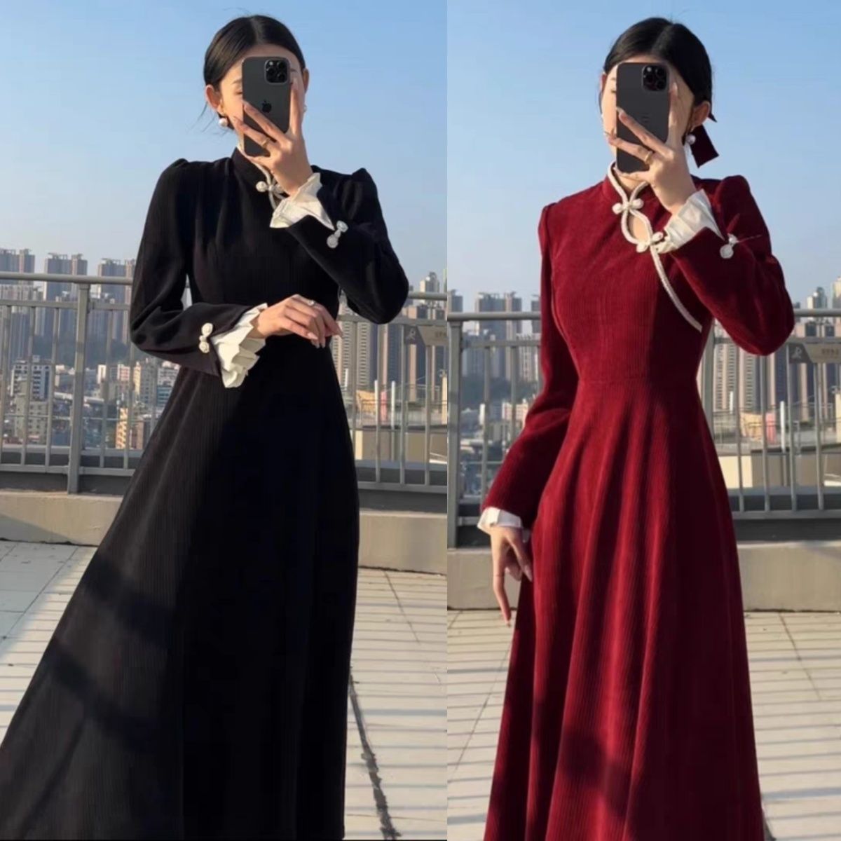 大碼胖mm秋冬新中式連衣裙女新年戰袍國風盤扣紅色旗袍長裙200斤