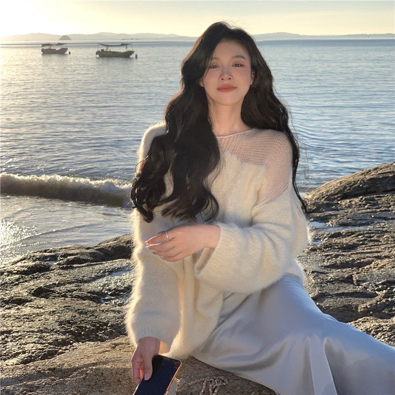 Pure desire lazy style white long-sleeved sweater for women early autumn new design loose knitted sweater top