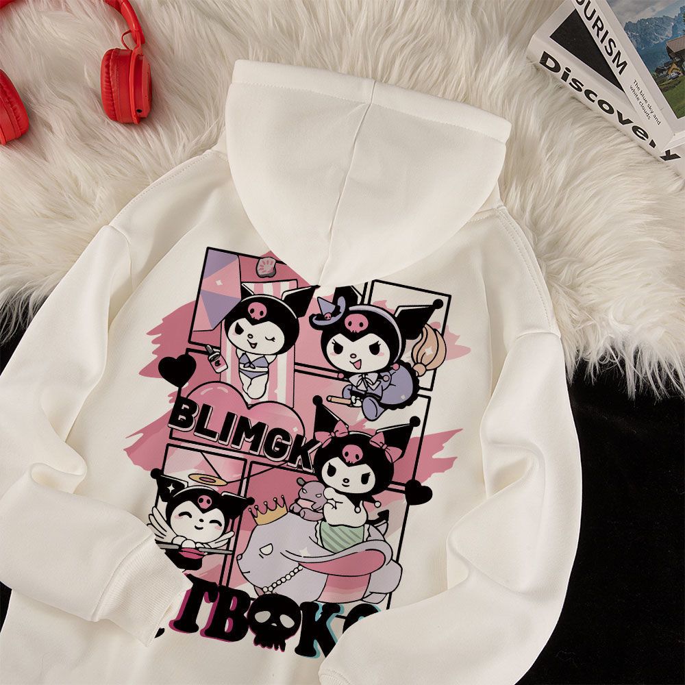 Japanese design niche sweet and cool print medium and large children's plus velvet style autumn and winter hooded sweatshirt for boys and girls new trend