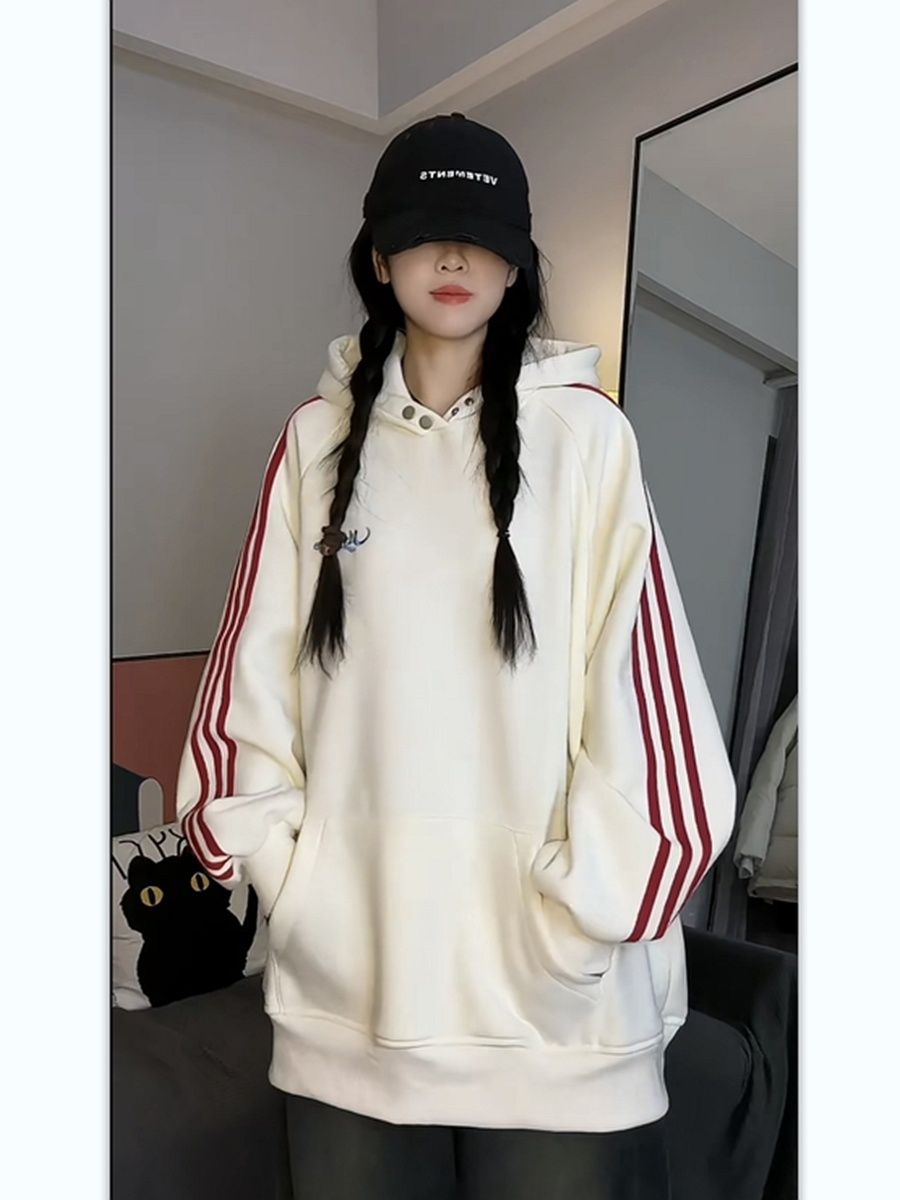 黎幫主 美式復古三條槓連帽衛衣女秋冬加絨加厚寬鬆韓版刺繡帽衫
