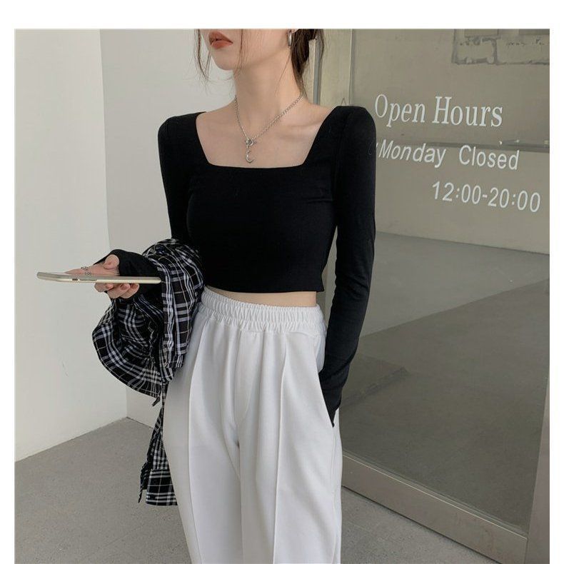 Square collar chic bottoming shirt for women 2024 spring and autumn new long-sleeved inner high waist short crop top t-shirt ins trend