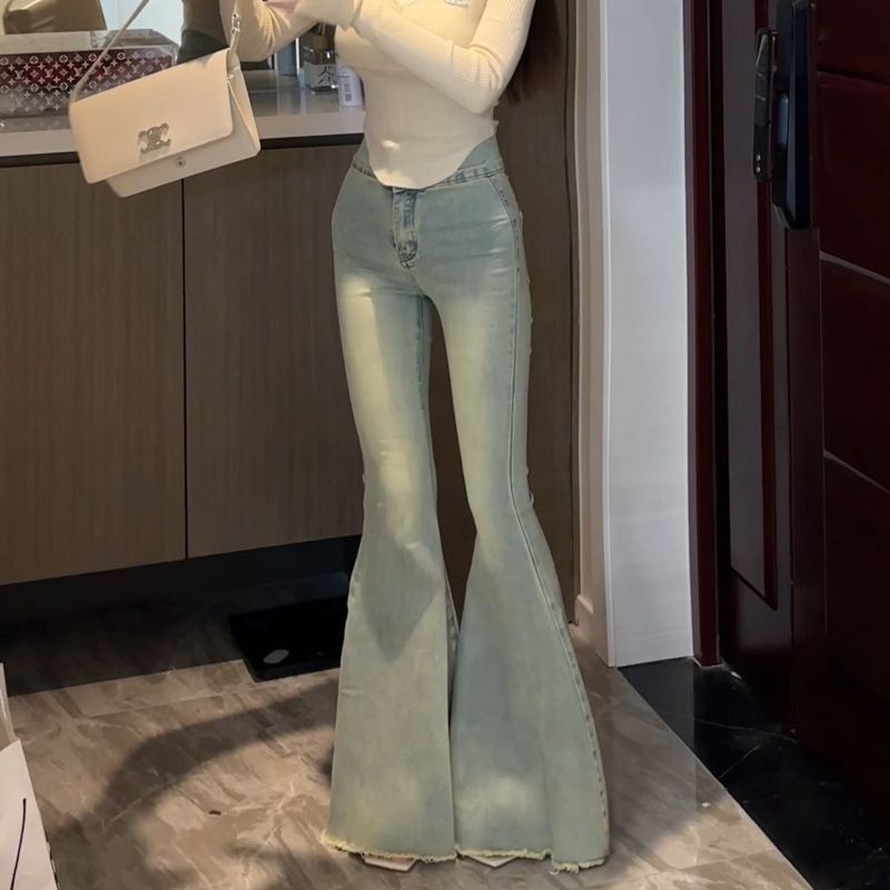復古做舊魚尾牛仔褲女高腰大喇叭褲小個子彈力修身顯瘦闊腿長褲潮