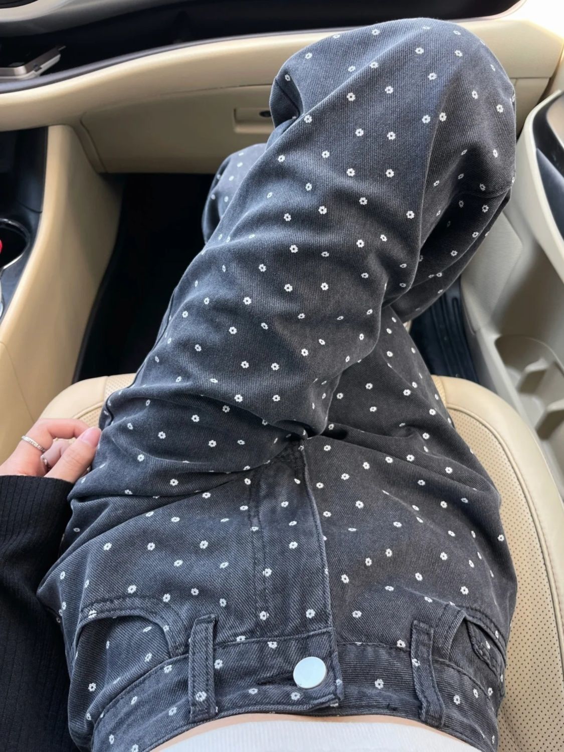 碎花黑色牛仔褲女秋冬新款復古高腰顯瘦修身百搭直筒拖地長褲子潮