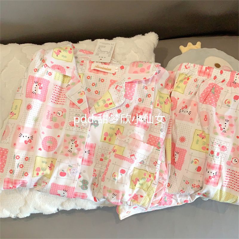 ins風格子kt貓睡衣女春秋季新款長袖卡通可愛學生家居服套裝外穿