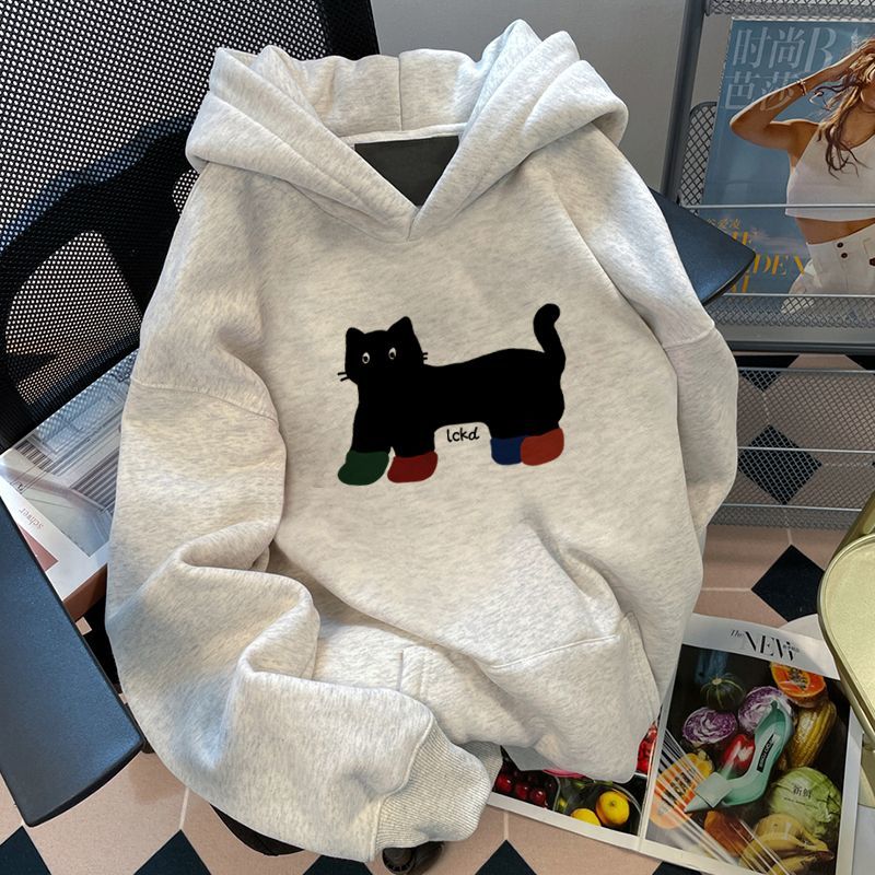 Heavy silver fox velvet autumn and winter thickened hooded sweatshirt for men and women, American cartoon cat loose coat